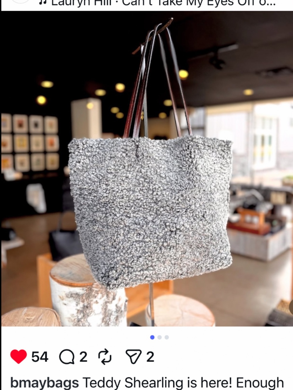 Teddy Shearling Tote Bag in Light Gray with Brown Straps